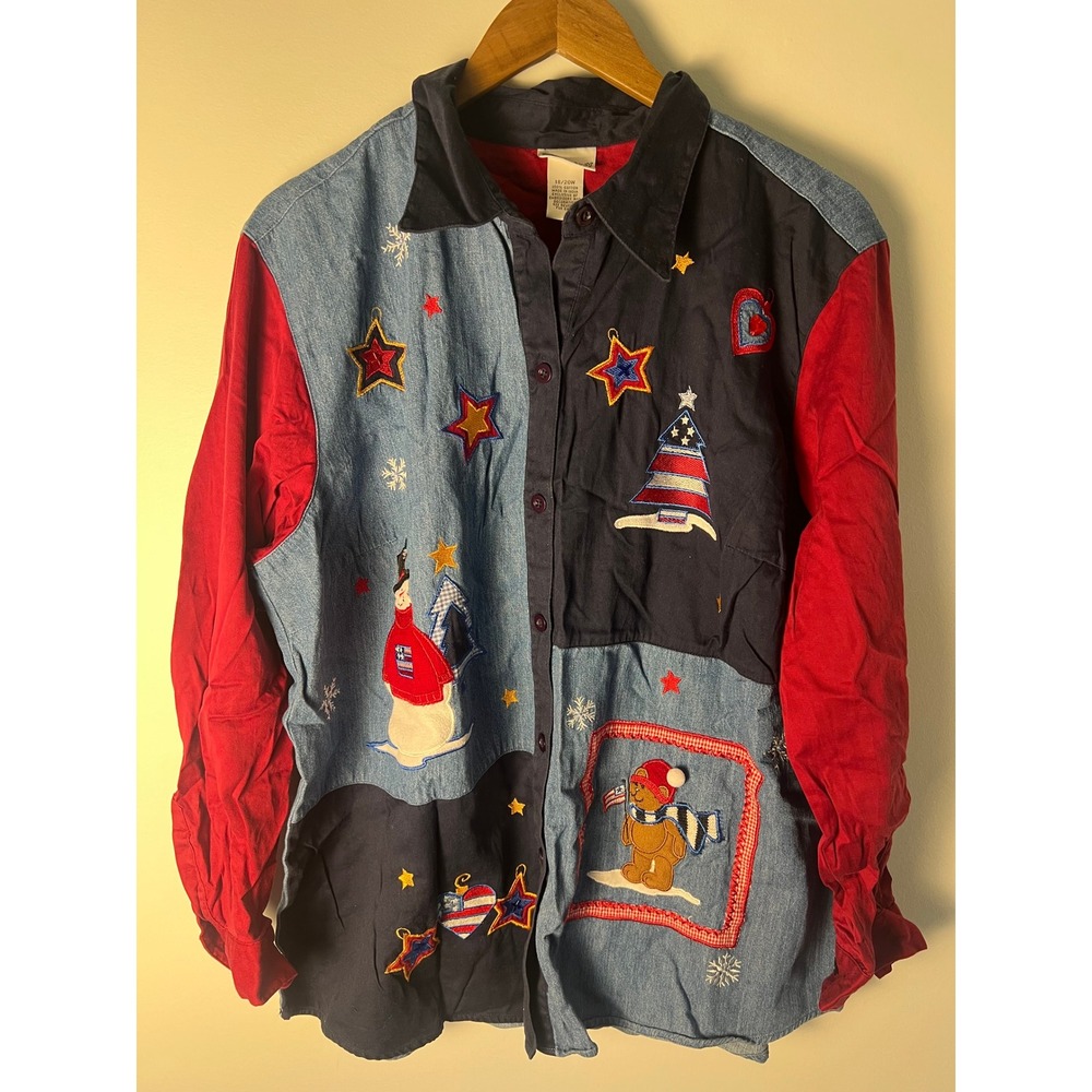 VTG‎ Fashion Bug Button Up Shirt Wm 18/20W Blue Red Christmas Embroidery Denim